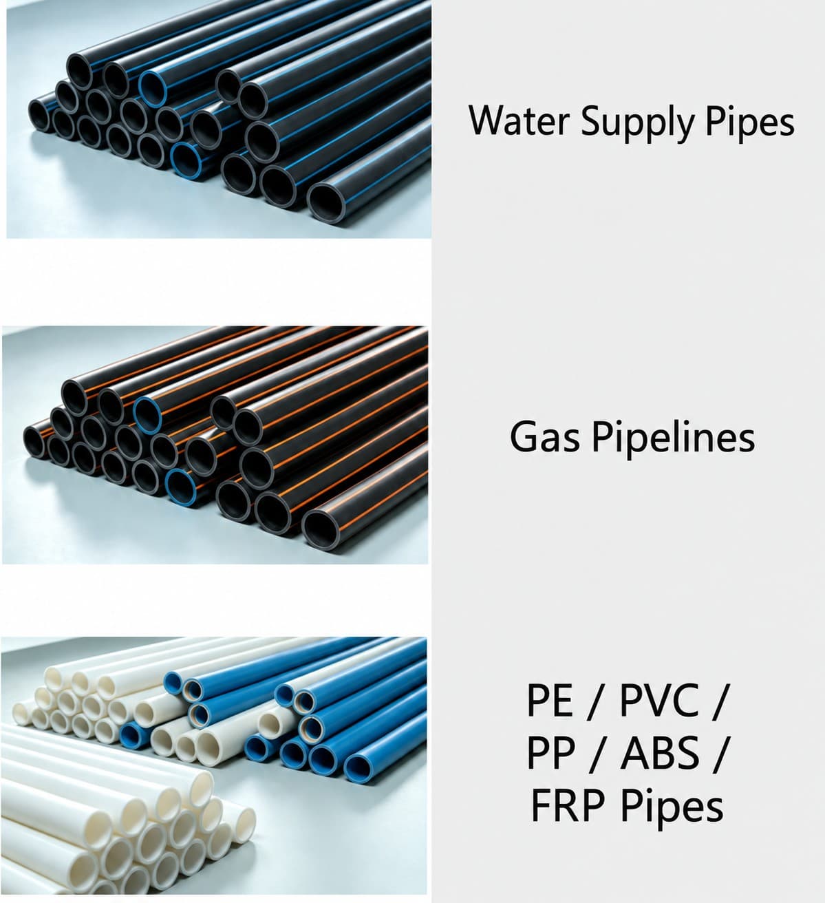 Non-metallic pipe types: water supply pipes, gas pipelines, PE / PVC / PP / ABS / FRP pipes