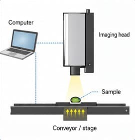 Inline imaging head above a conveyor or stage, linked to a computer, scanning a single seed