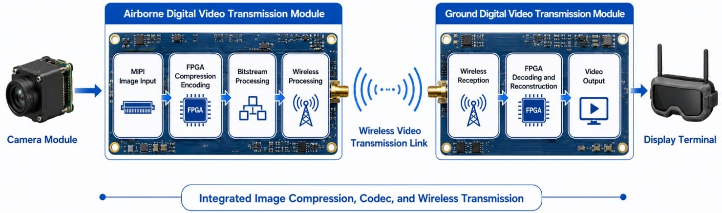 Airborne and ground digital video transmission modules: camera, FPGA compression, wireless link, decoding and display terminal
