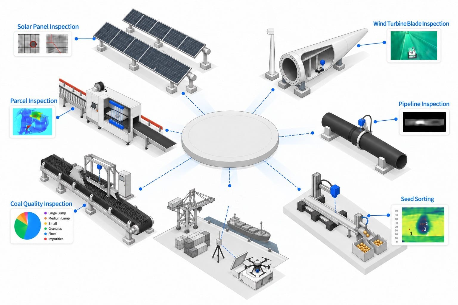 Caelvox hub-and-spoke map: seven inspection platforms around a central capability hub