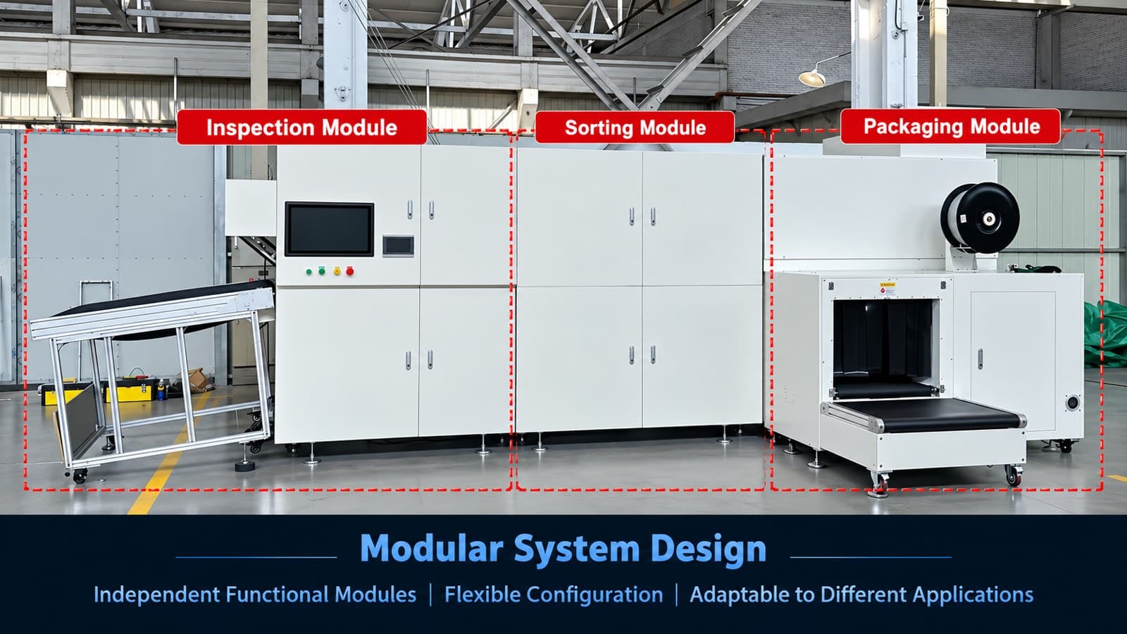 Modular transit-bag inspection line: inspection, sorting and packaging modules