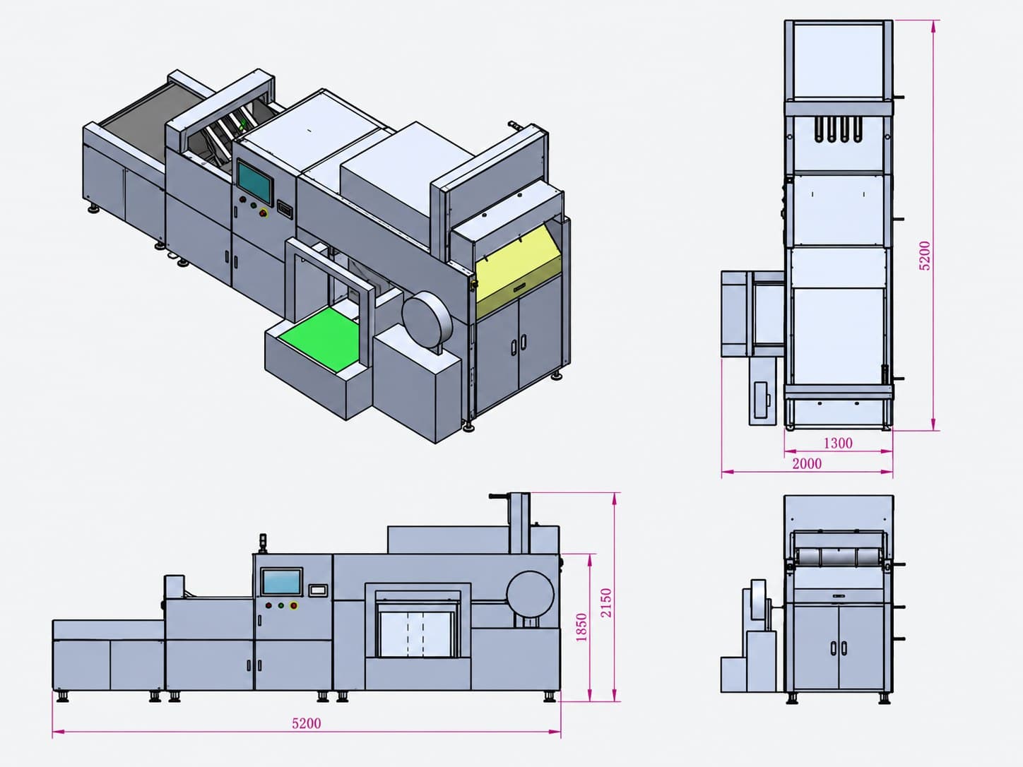 Engineering drawing of the tunnel inspection, sorting and packaging line with dimensions