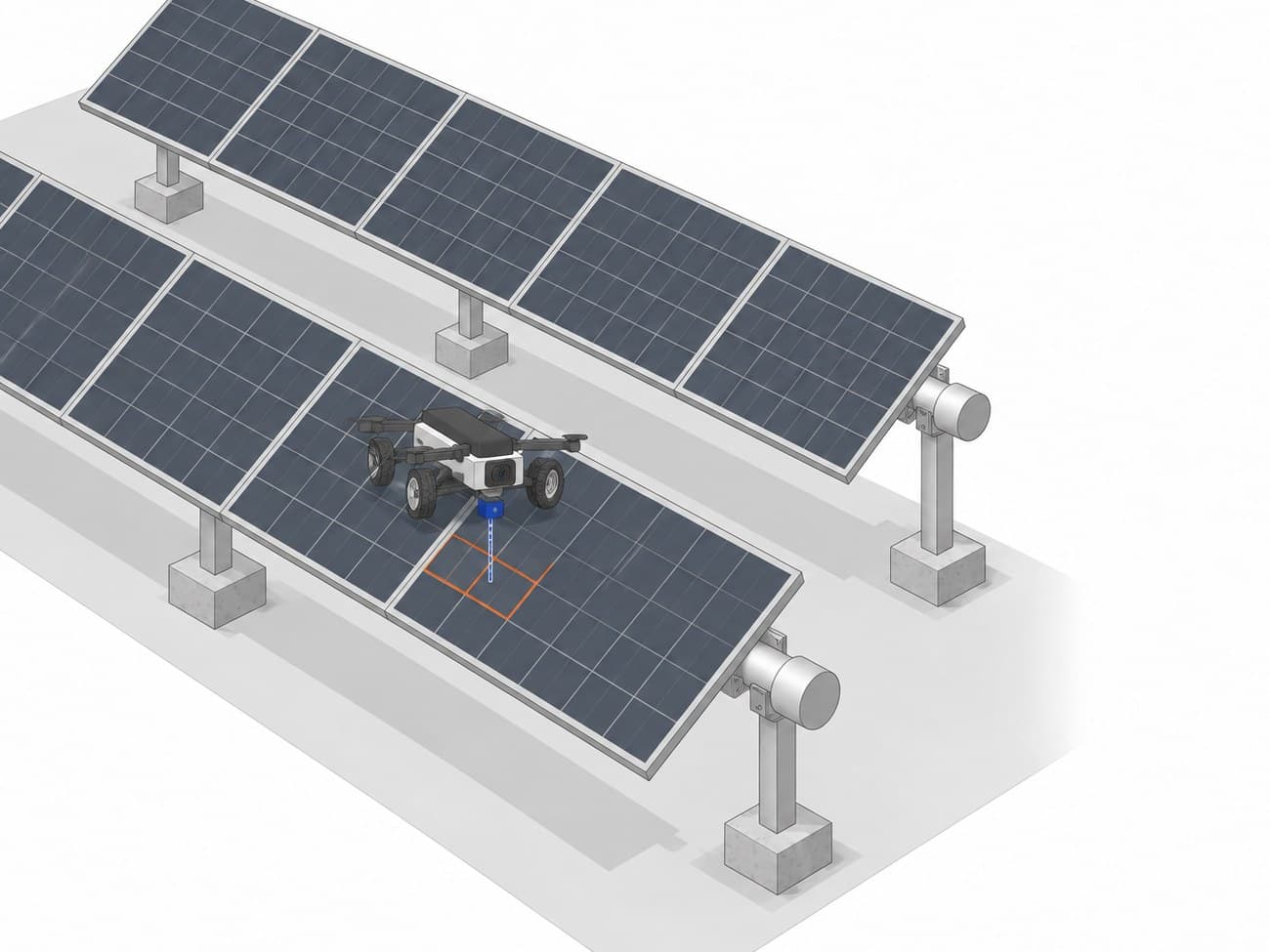 Illustration of a wheeled inspection robot scanning an inclined PV module row
